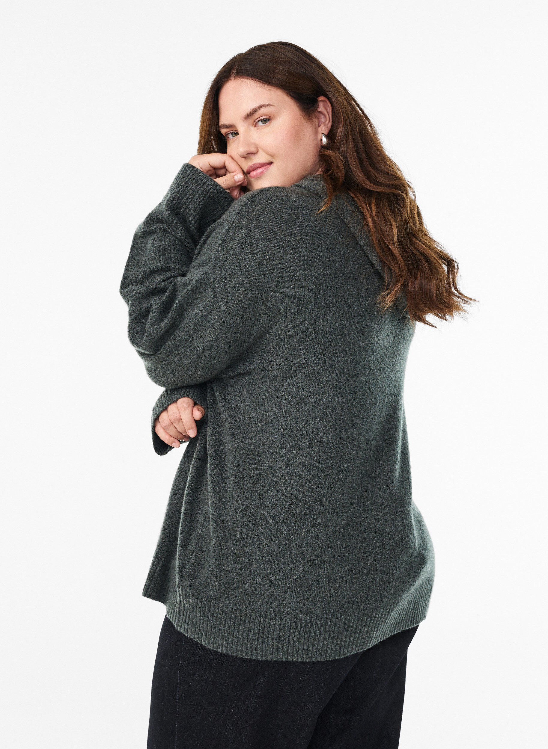 Zizzi Gebreide hoodie, Groen, Model image number 2