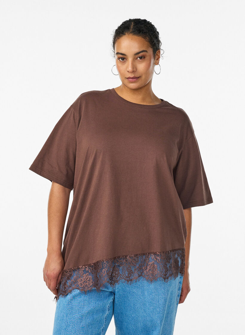 T-shirt met asymmetrische kanten zoom, Bruin, Model image number 0
