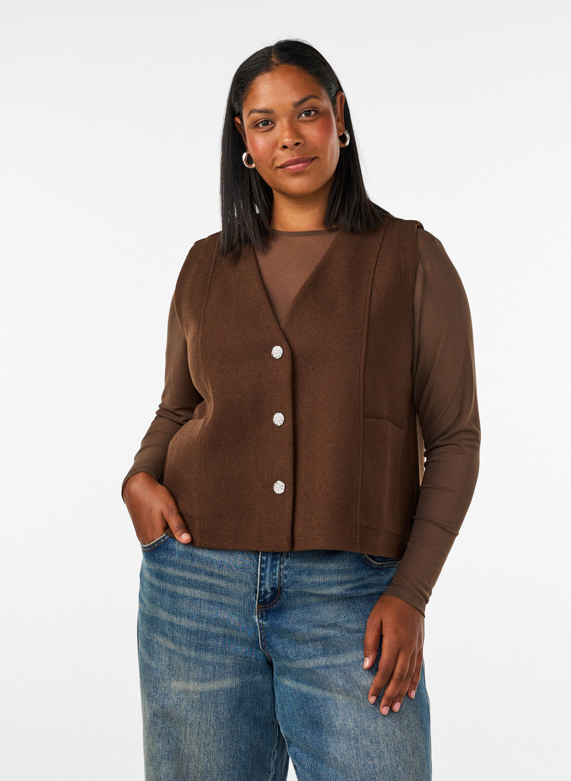 V-hals gilet met knopen, Bruin, Model