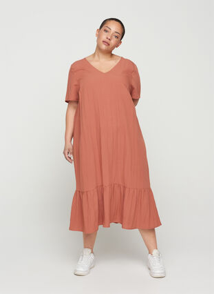 Viscose jurk met korte mouwen en v-hals, Copper Brown, Model image number 0