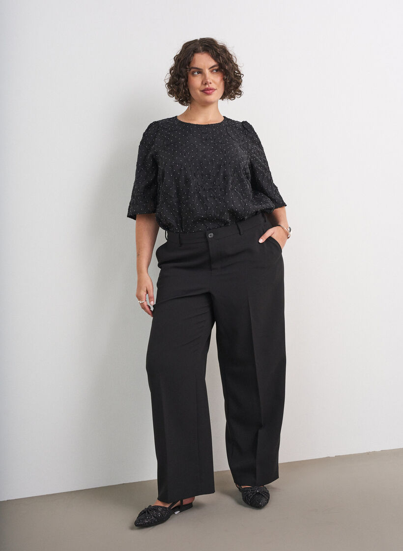 Jacquard blouse met sprankelende details en pofmouwen, Zwart, Model image number 1