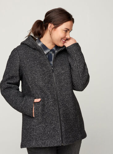 Korte gemêleerde jas met wol, Dark Grey Melange, Model image number 0