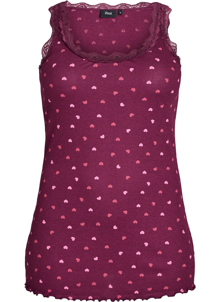 Top met print en kanten rand, Donker Bordeaux, Packshot image number 0