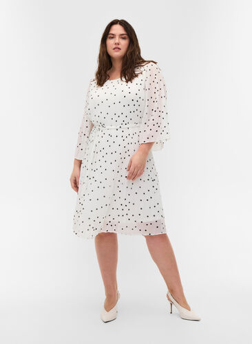 Bedrukte geplooide jurk met bindband, Bright White w. Dots, Model image number 0