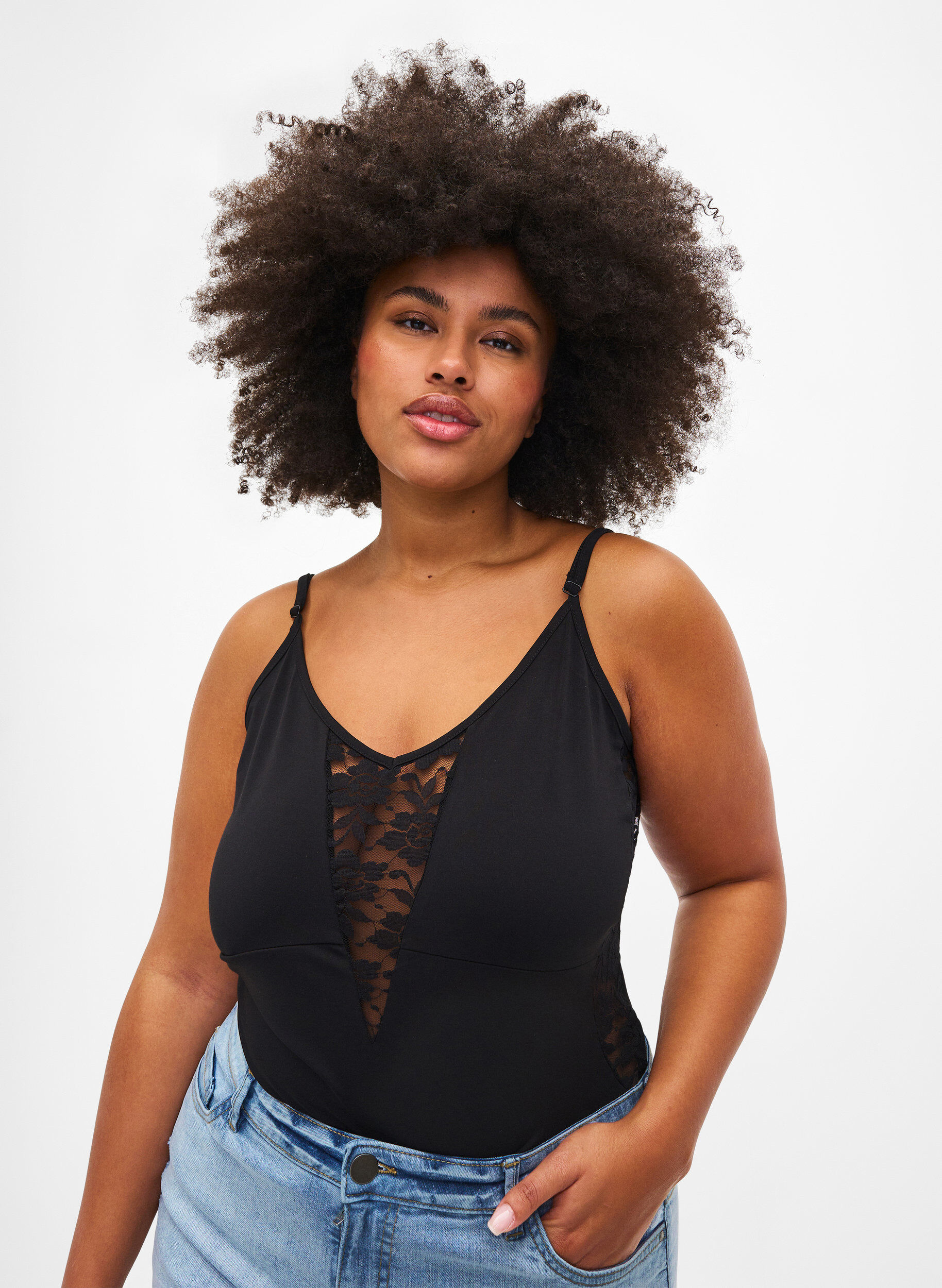 Zizzi Bodystocking met kant en spaghettibandjes, Black, Model image number 0