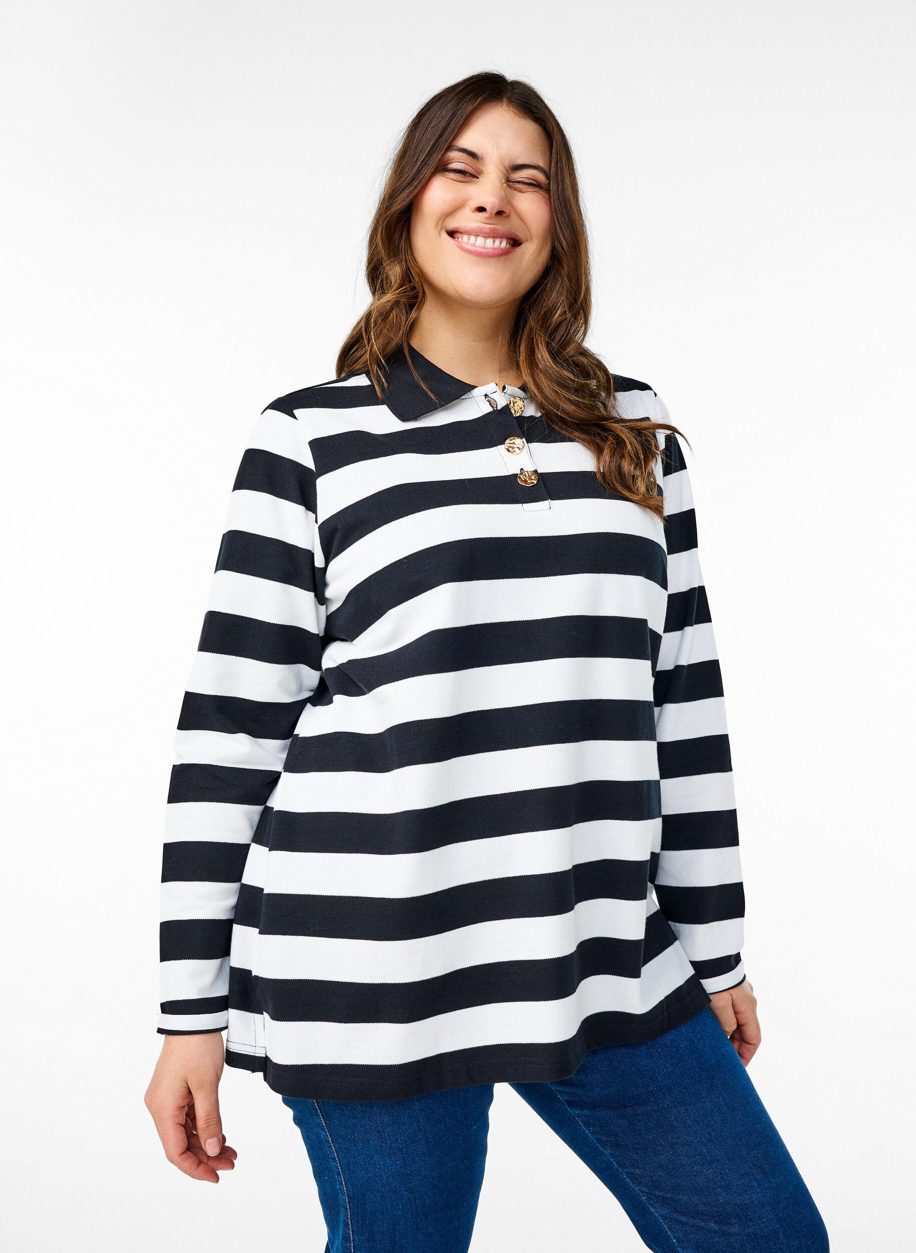 Gestreepte polo met lange mouwen, Zwart, Model