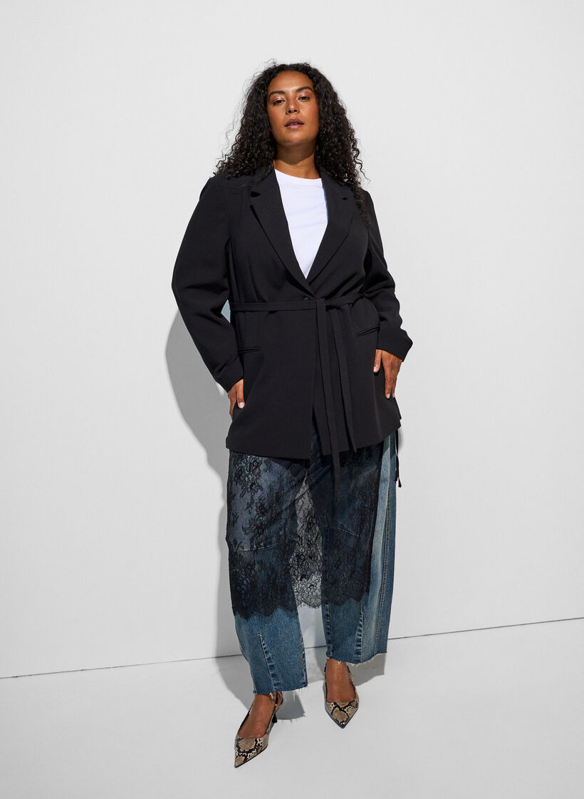 Blazer met afneembare strikceintuur, Zwart, Model image number 1