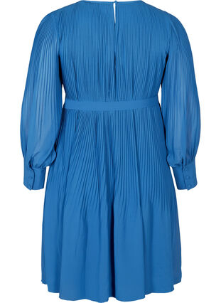 Plissé jurk met lange mouwen en striksluiting, Classic Blue , Packshot image number 1