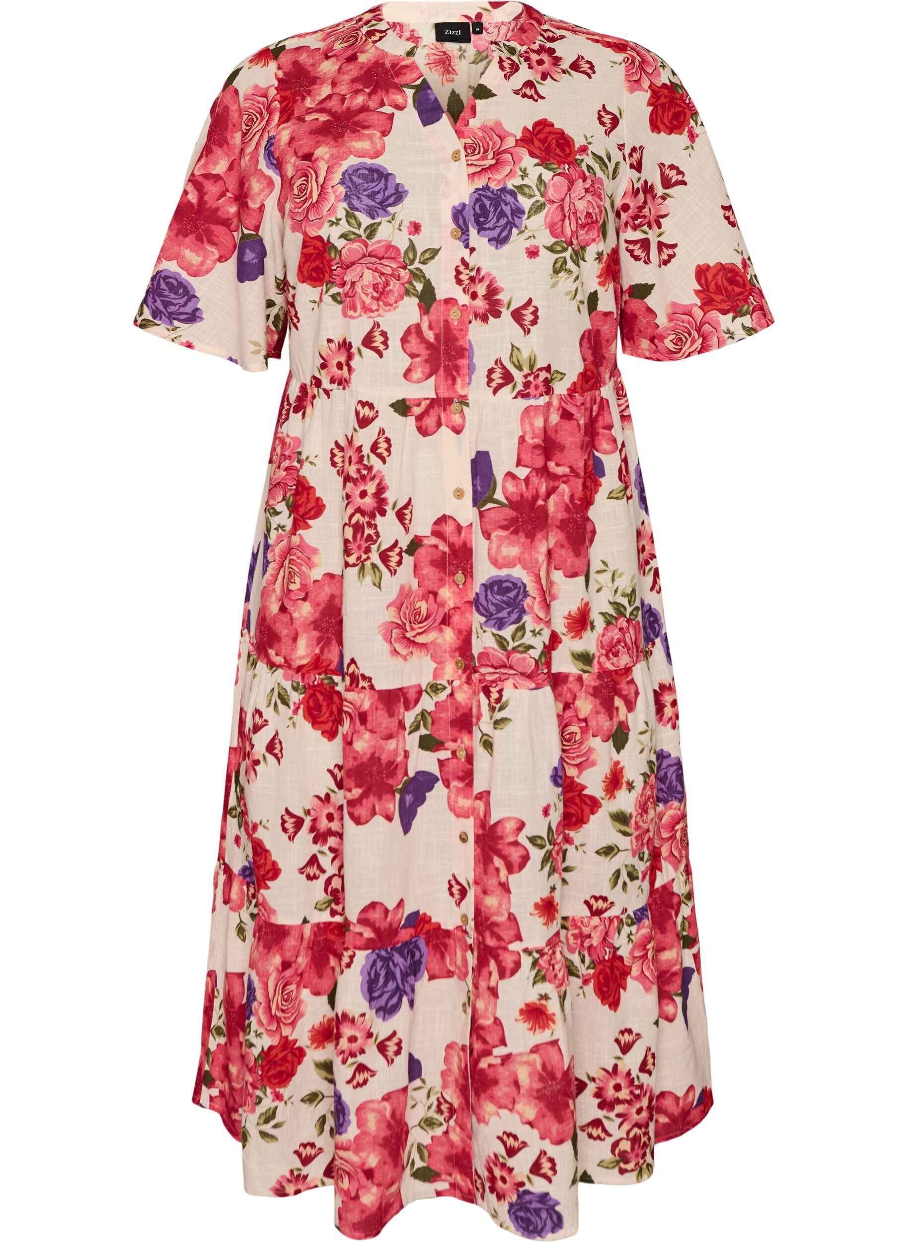 ZizziKatoenen midi jurk met bloemenprint, Rood, Packshot image number 0