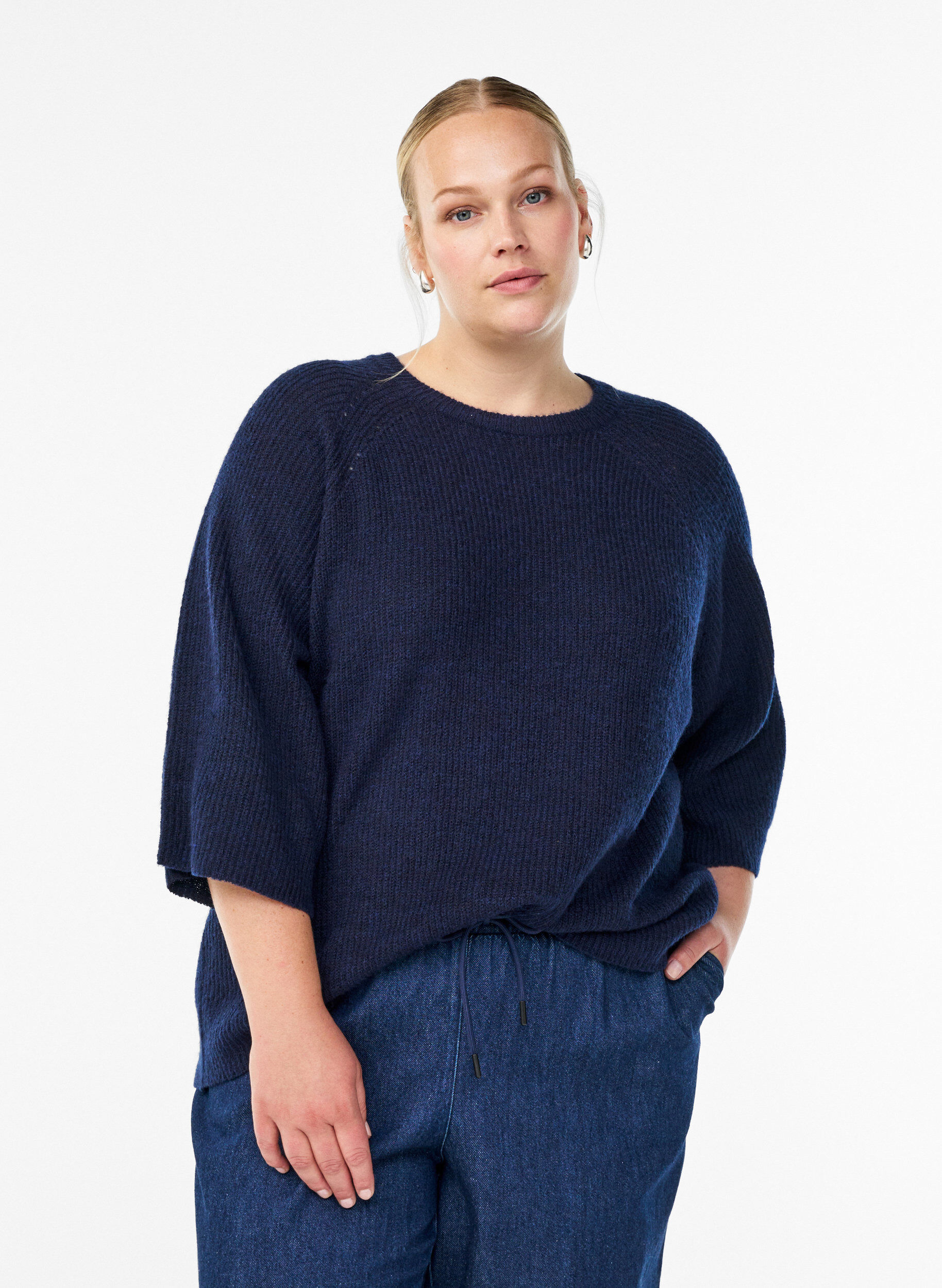 ZizziGeribde trui met 3/4 mouwen, Blauw, Model image number 0