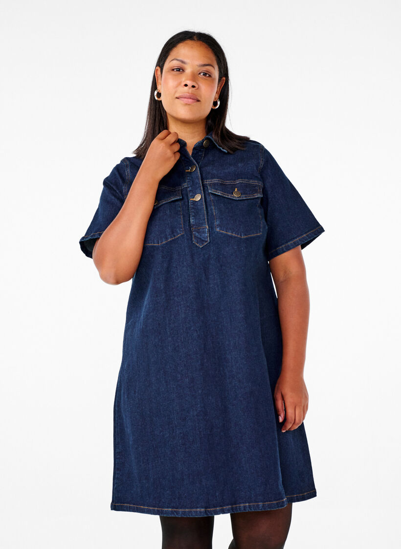 Denimjurk met korte mouwen en borstzakken, Dark Blue Denim, Model image number 0