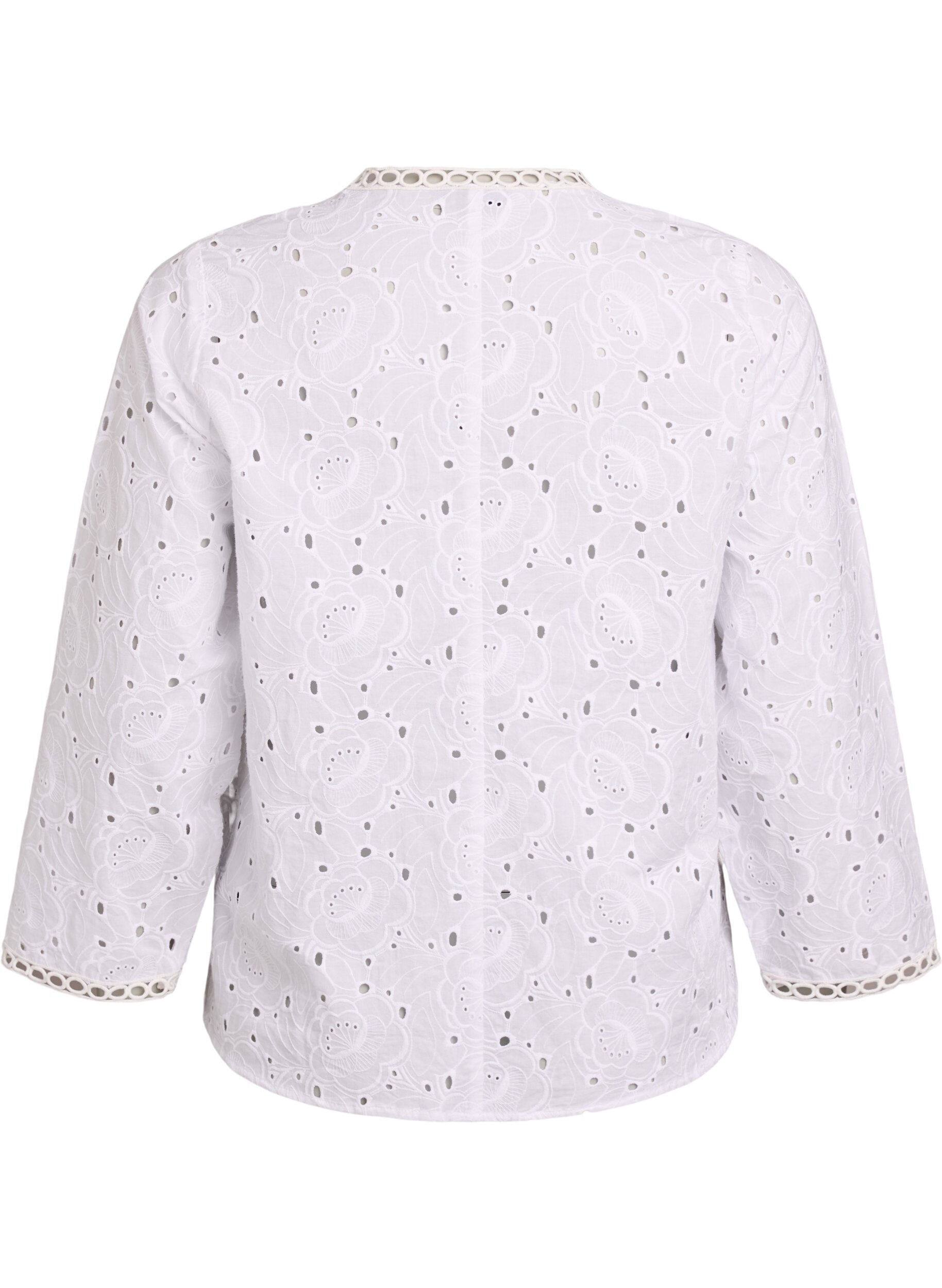 Zizzi Blouse van katoen met lange mouwen en broderie anglaise, Wit, Packshot image number 1