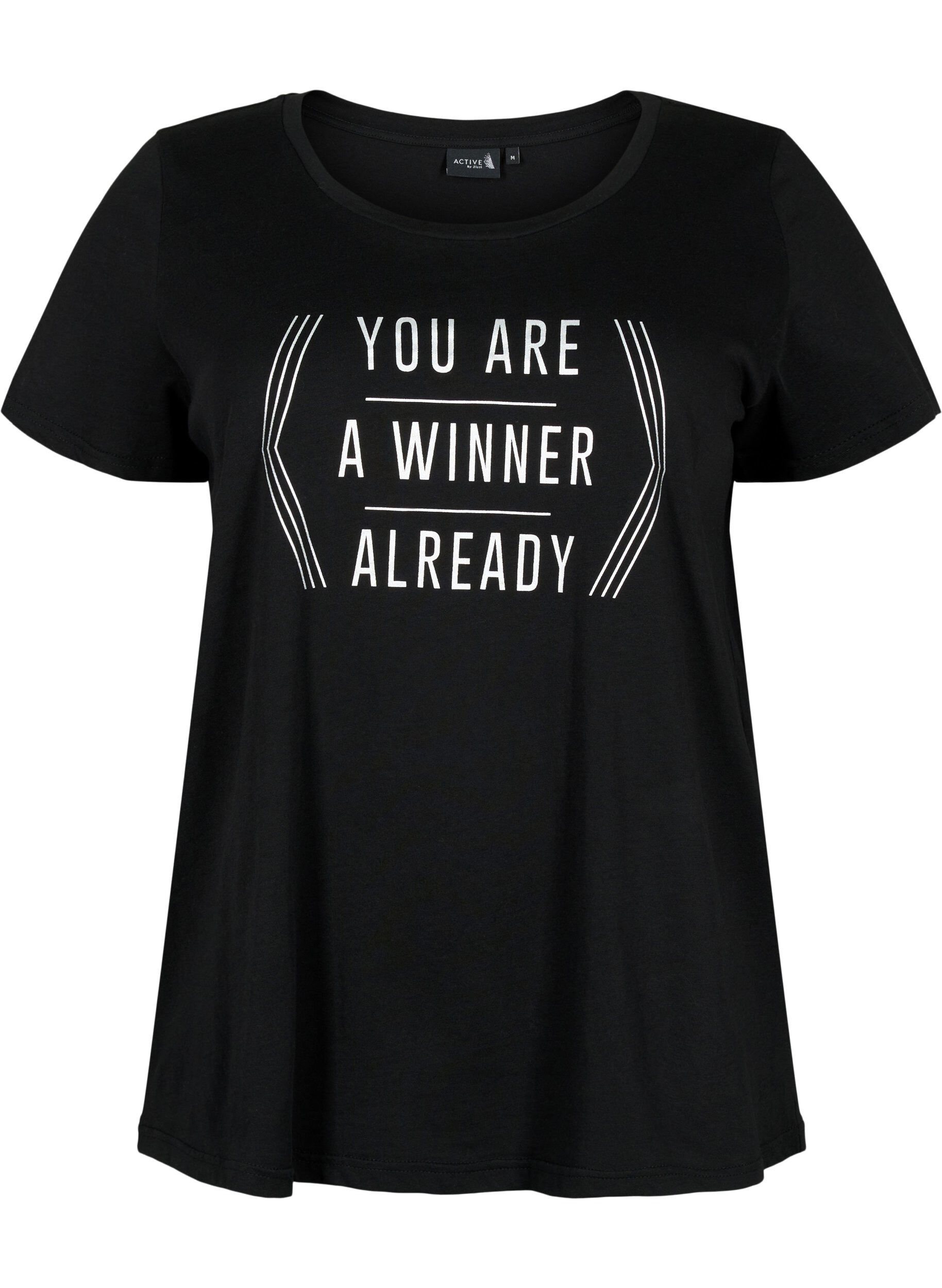 Zizzi Sport-T-shirt met print, Black w. Winner, Packshot image number 0