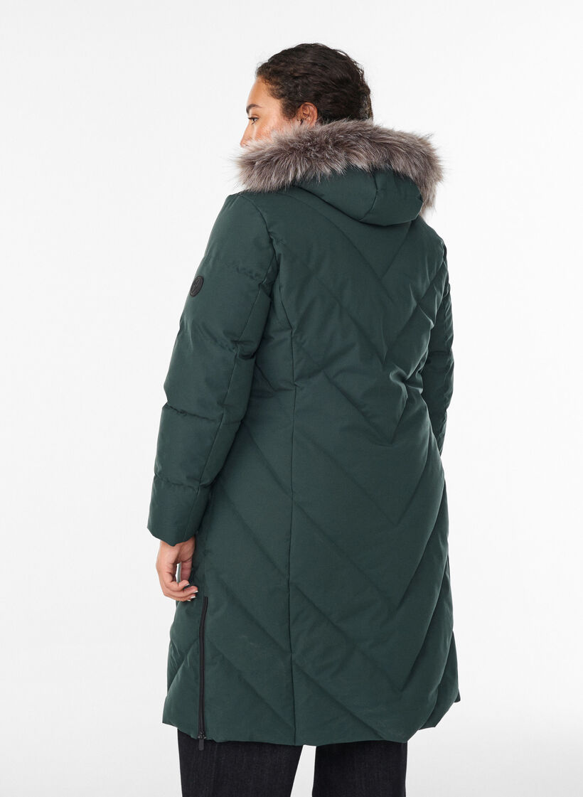 Lange winterjas met haaksluitingen en een nep bontkraag, Groen, Model image number 2
