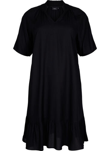 Viscose jurk met korte mouwen en v-hals, Black, Packshot image number 0