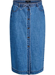 Lange denimrok met knoopjes en strikriem, Blauw