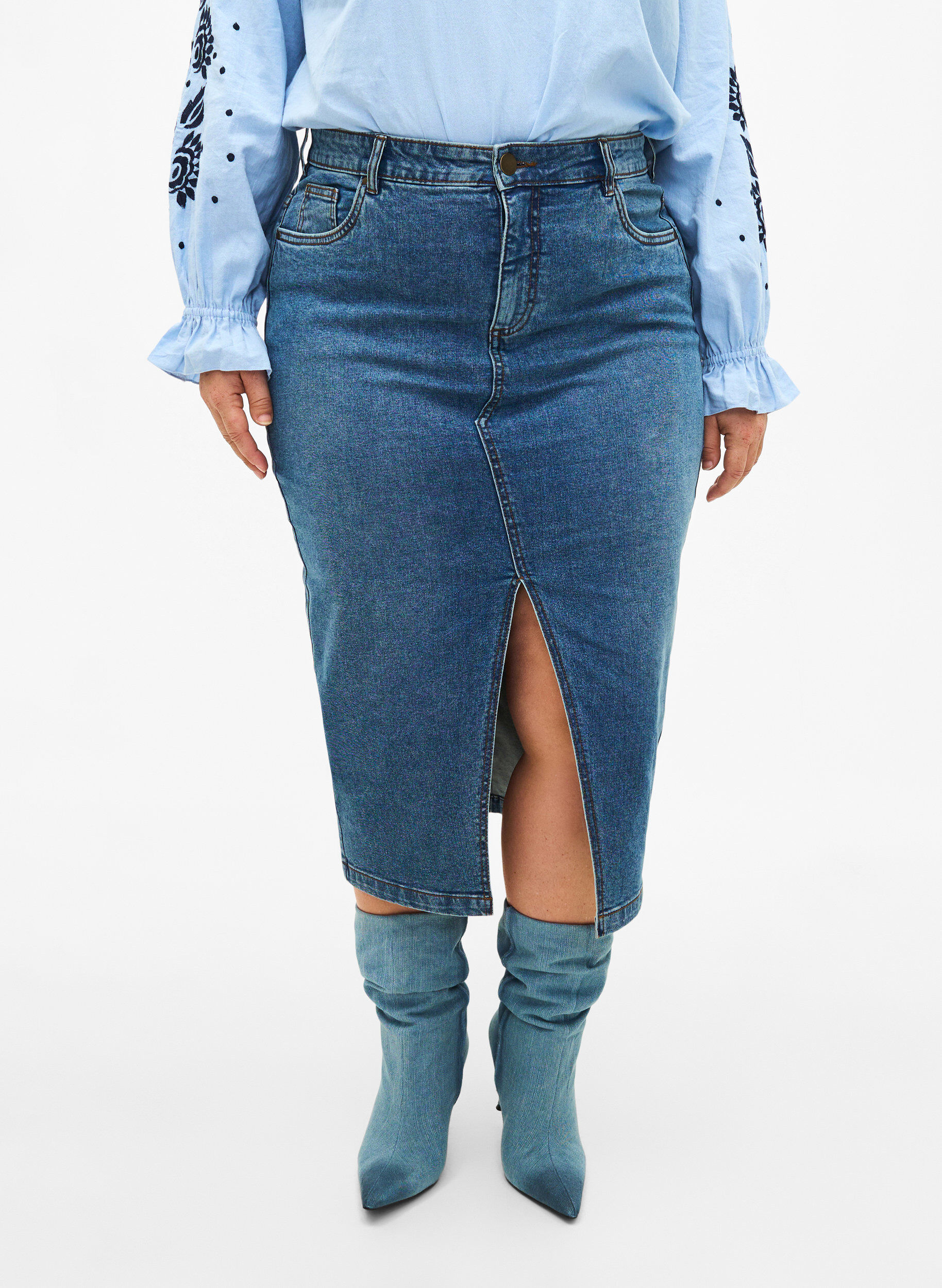 Zizzi Denim rok met split aan de voorkant, Blue denim, Model image number 2