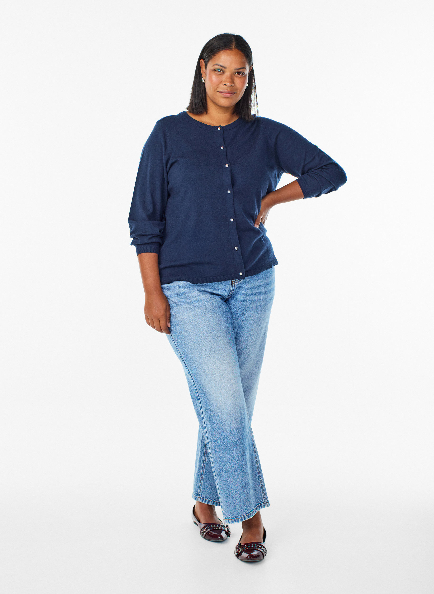 Zizzi Cardigan met ronde knopen, Blauw, Model image number 1