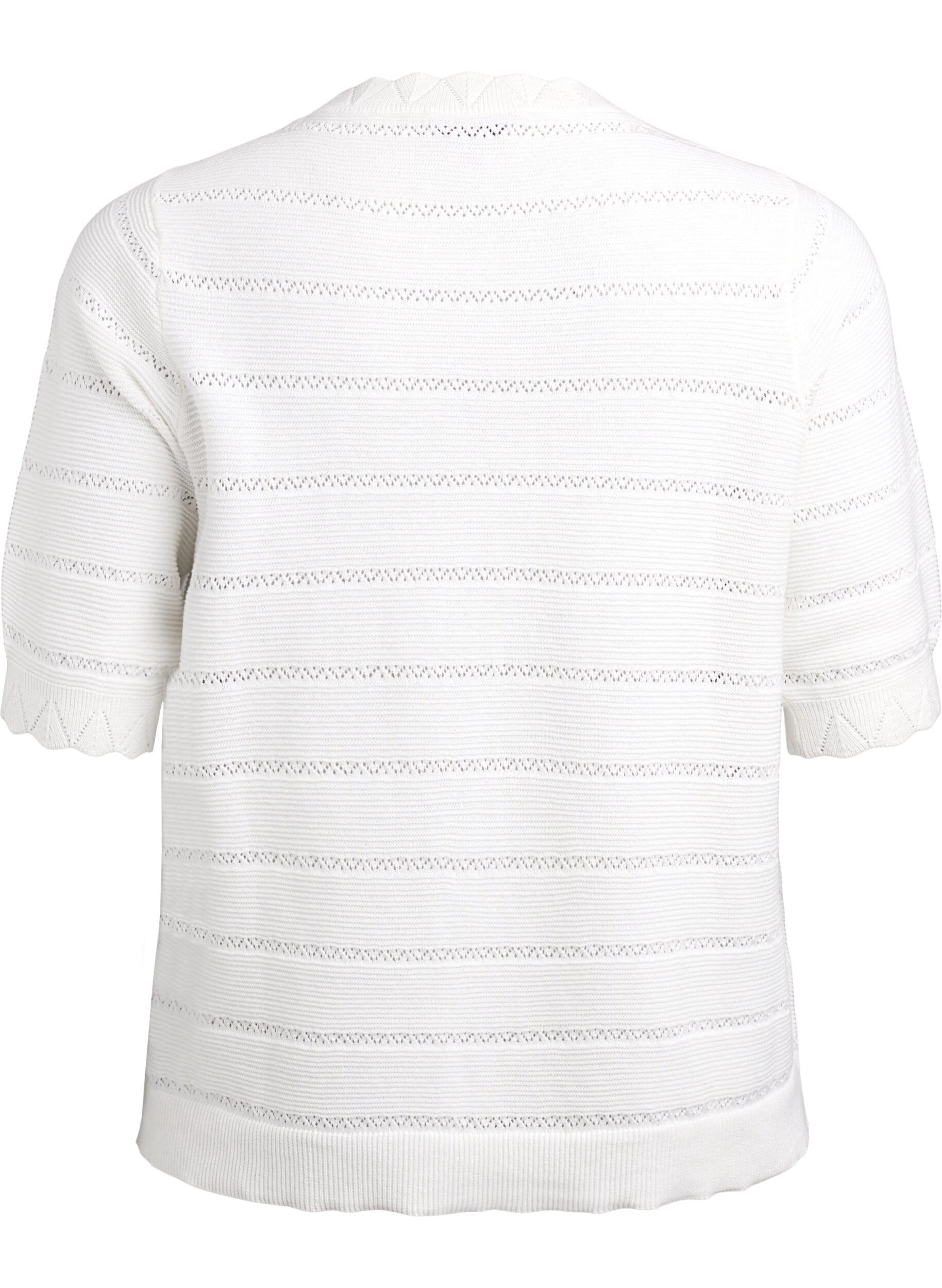 Zizzi Gebreide blouse met een gestreept opengewerkt patroon en korte mouwen, Vanille, Packshot image number 1