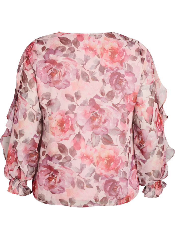 Blouse met bloemenprint, V-hals en ruches mouwen, Roze, Packshot