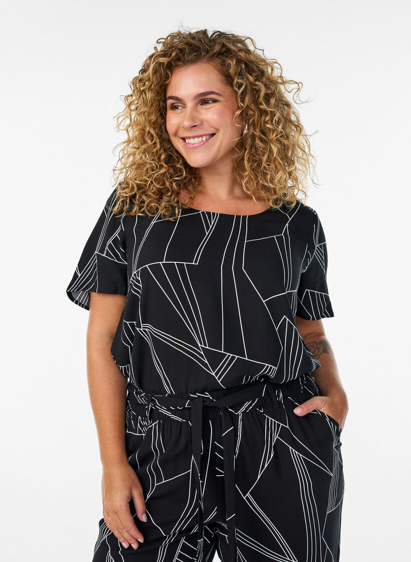 Viscose blouse met korte mouwen en print, Zwart, Model image number 0