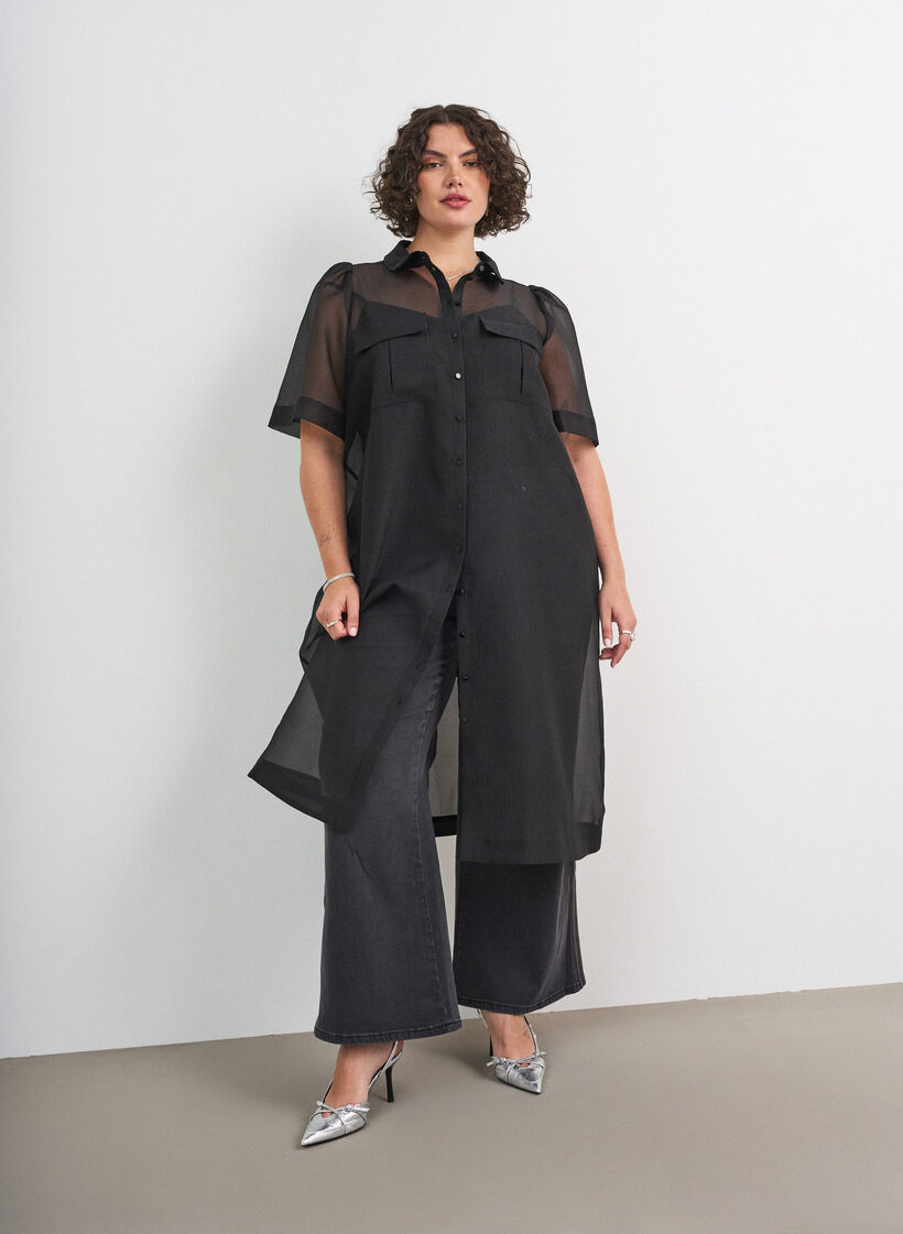 Organza jurk met puffmouwen en borstzakken, Zwart, Model image number 1