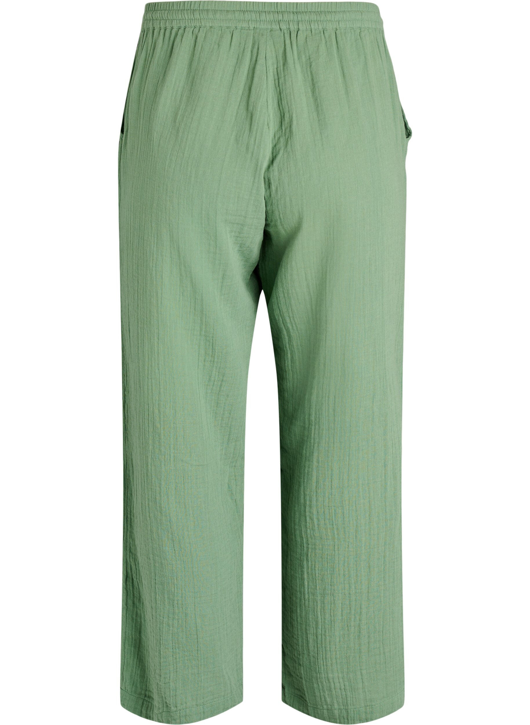 Zizzi High-waist katoenen mousseline broek met losse pijpen, Groen, Packshot image number 1