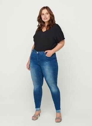 Super slim Amy jeans met hoge taille, Blue denim, Model image number 2