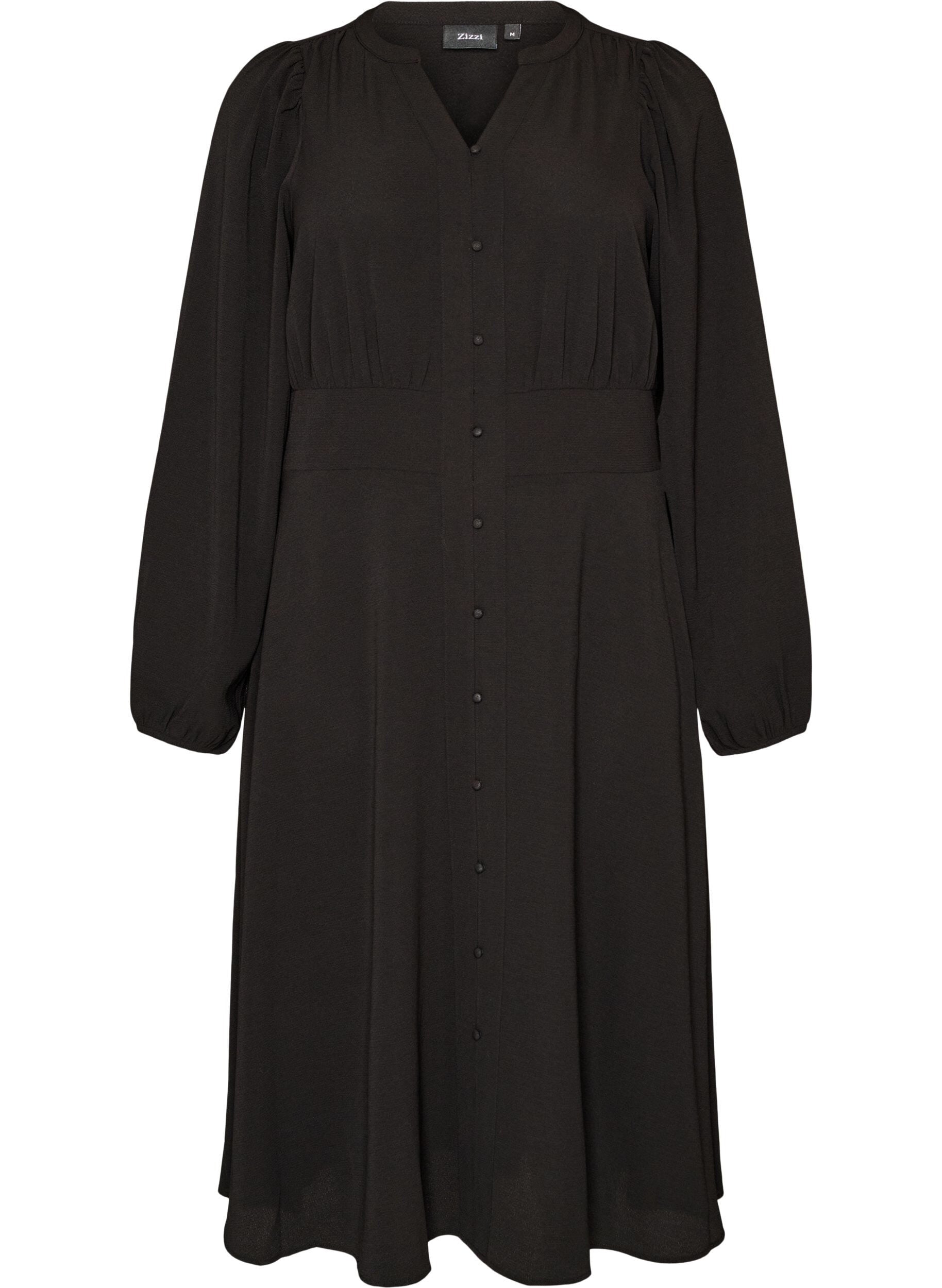 ZizziMidi-jurk met smock en decoratieve knopen, Zwart, Packshot image number 0