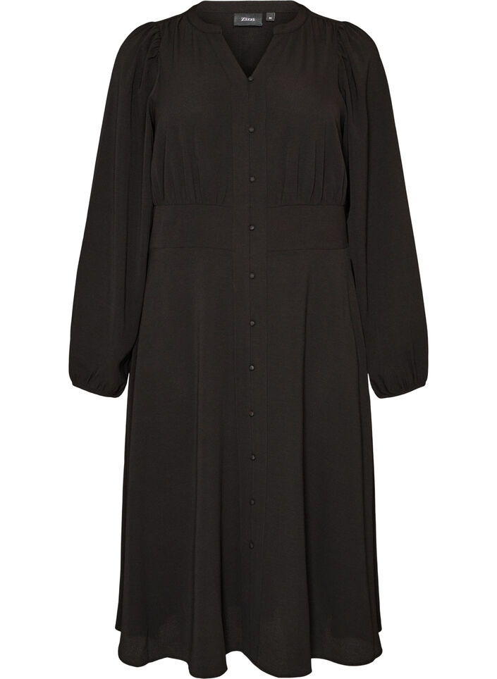 Midi-jurk met smock en decoratieve knopen, Zwart, Packshot image number 0