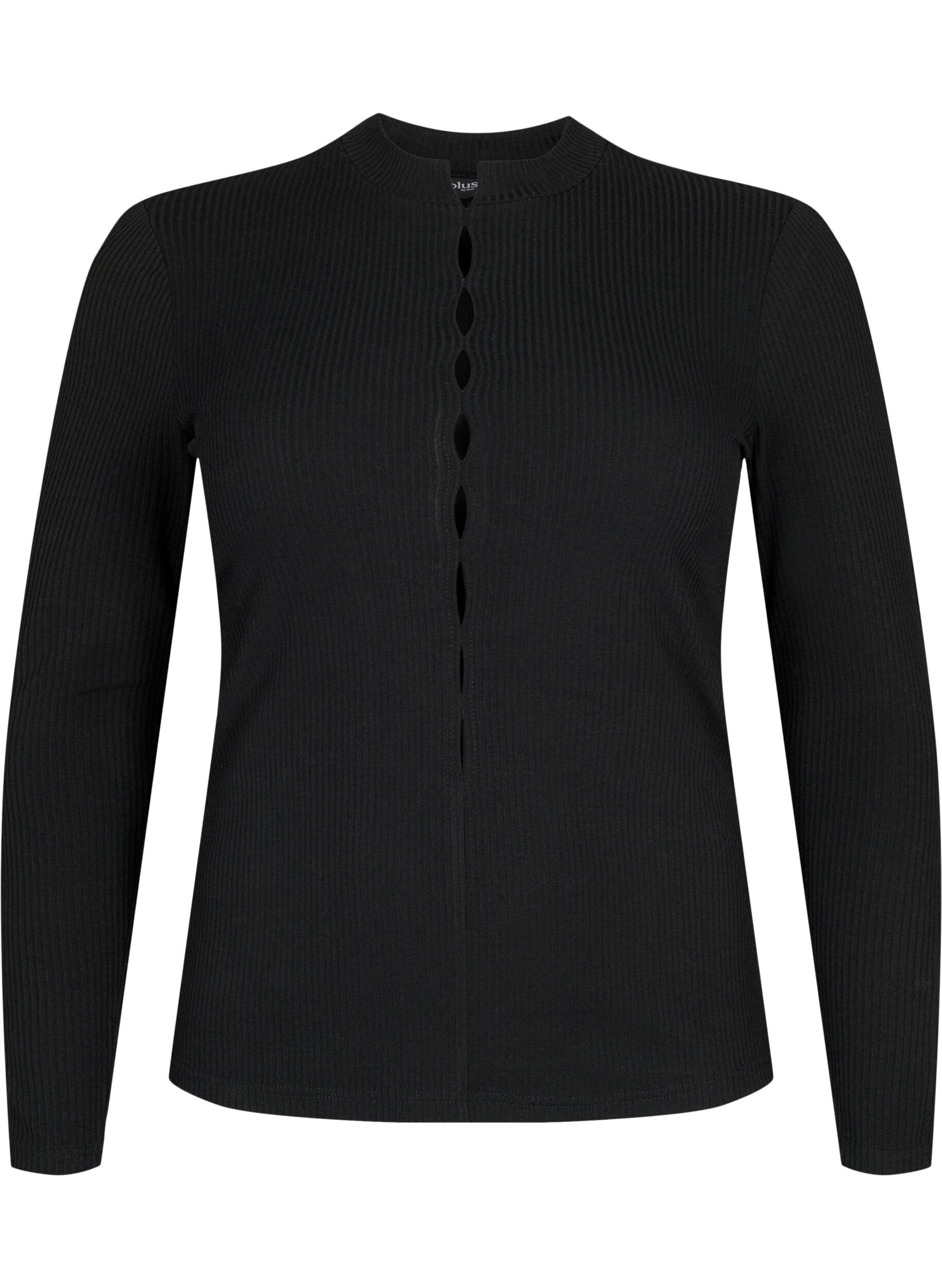 Zizzi Geribde blouse met lange mouwen en gaatjes, Black, Packshot image number 0