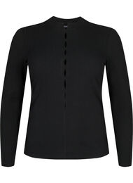 Geribde blouse met lange mouwen en gaatjes, Black