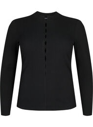 Geribde blouse met lange mouwen en gaatjes, Black