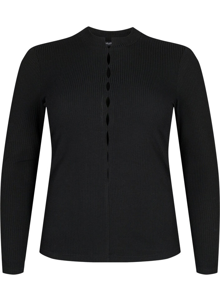 Geribde blouse met lange mouwen en gaatjes, Black, Packshot image number 0