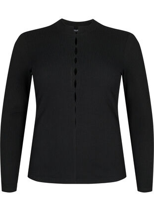 Geribde blouse met lange mouwen en gaatjes, Black, Packshot image number 0