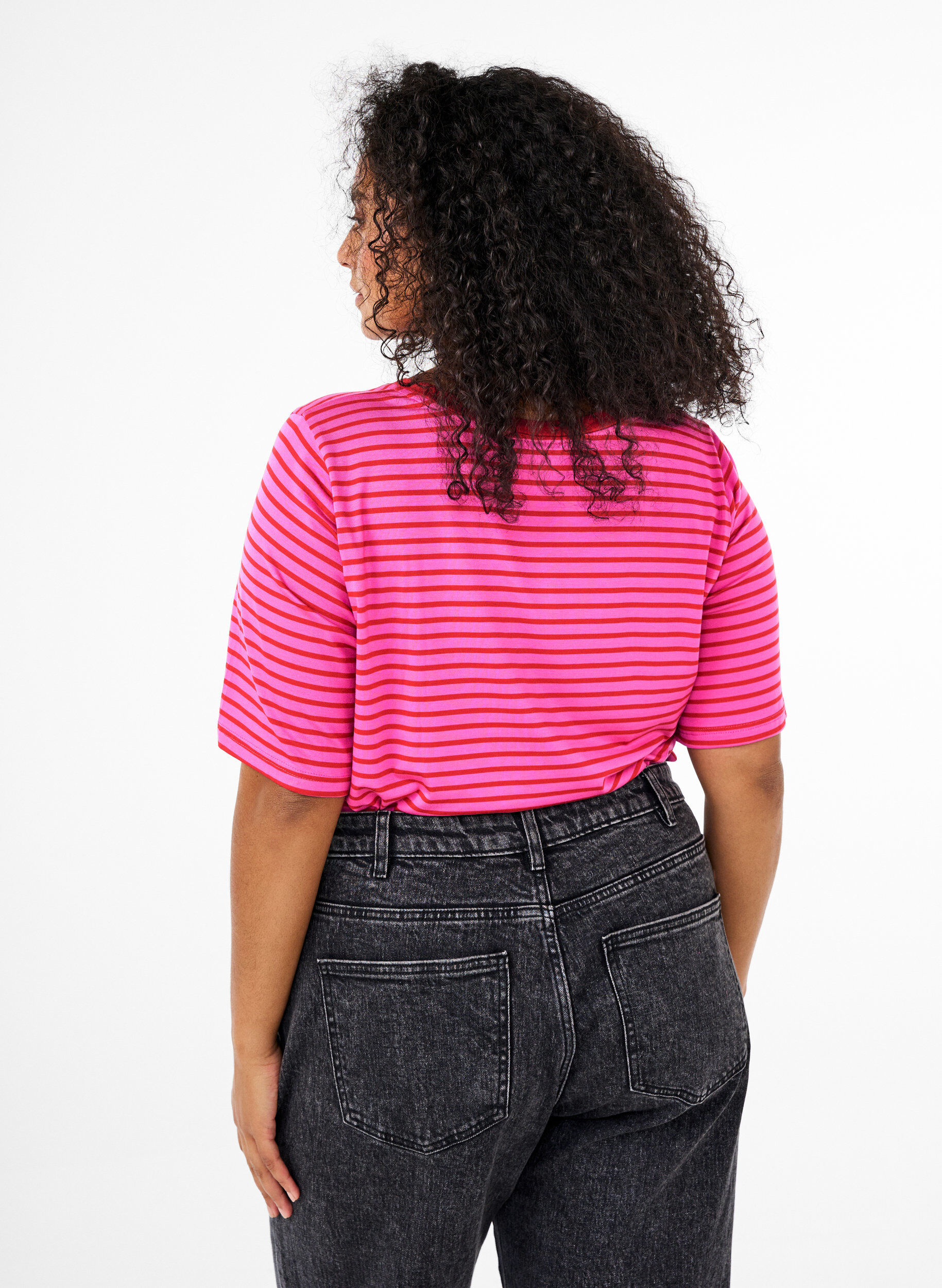 Zizzi T-shirt met TENCEL&trade; Lyocell en strepen, Roze, Model image number 2