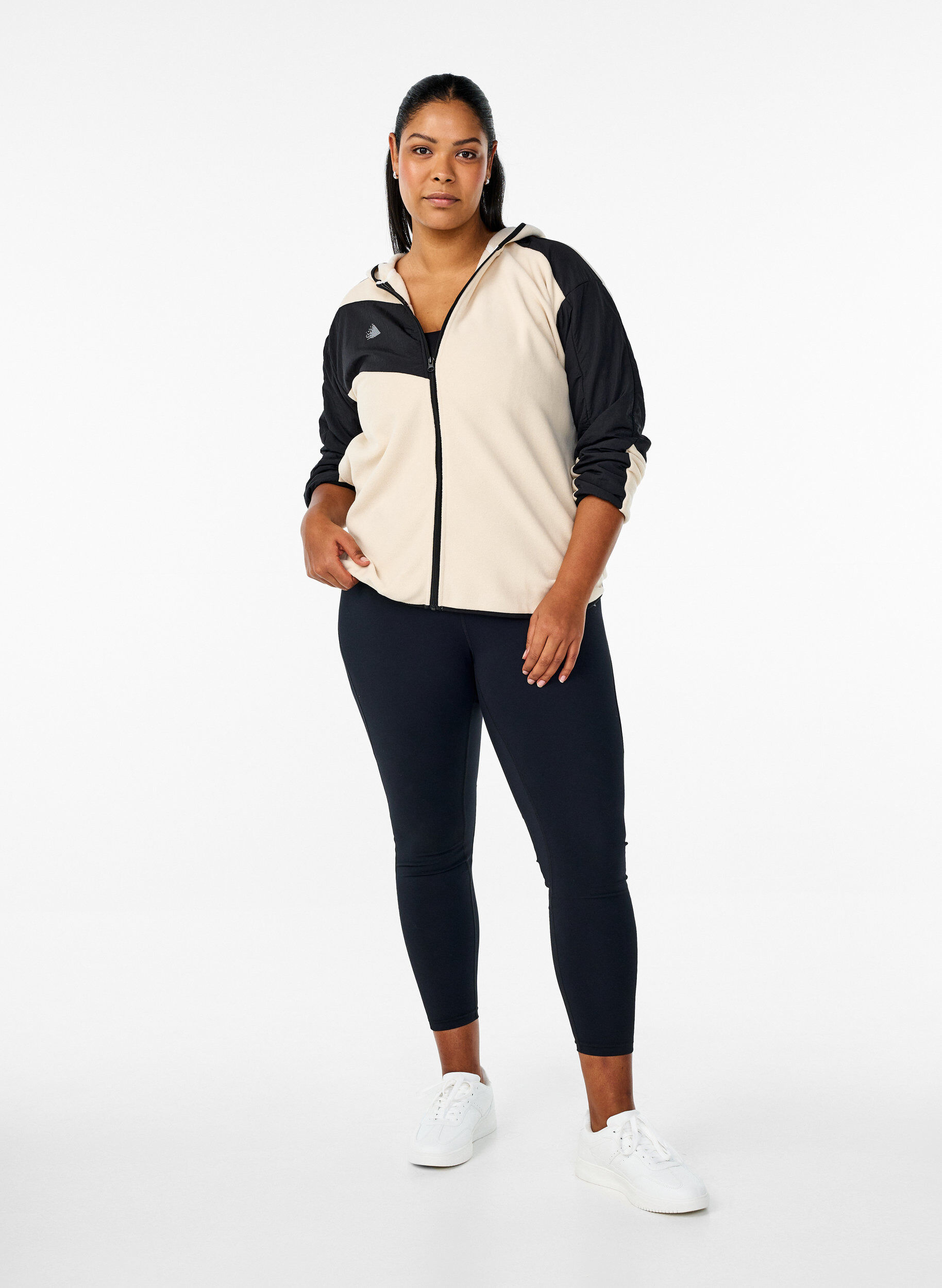 Zizzi Fleecejack met capuchon en zakken, Beige, Model image number 1