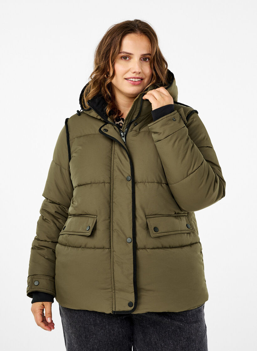 Korte puffer jas met contrastdetails, Groen, Model image number 0