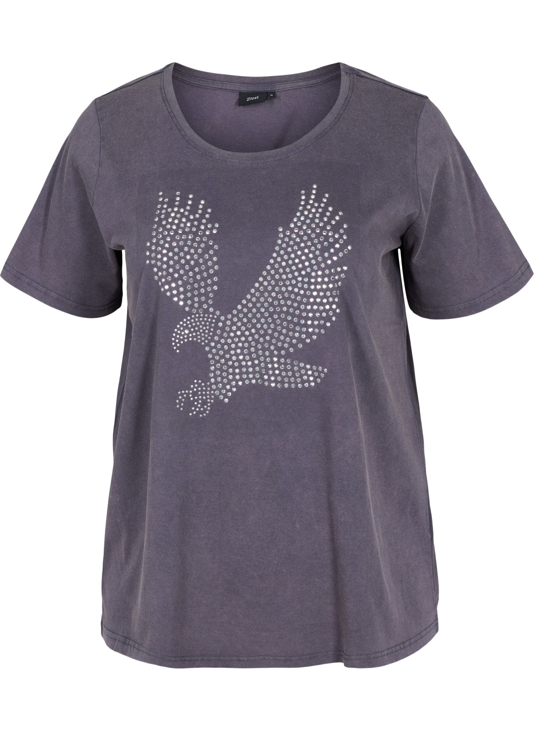 Zizzi Katoenen t-shirt met acid wash en steentjes, Dark Grey Wash, Packshot image number 0