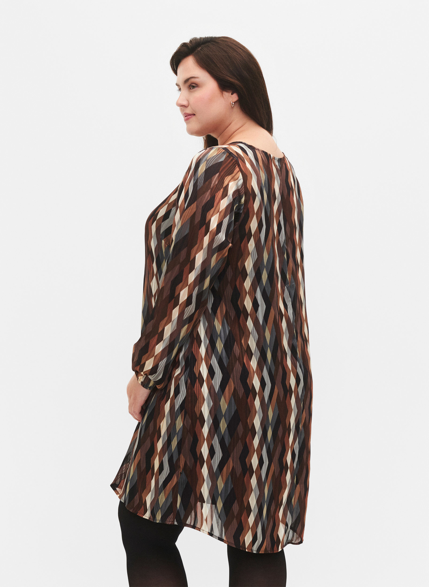 Zizzi Jurk met lange mouwen, V-hals en print, Earthy Zig Zag, Model image number 1
