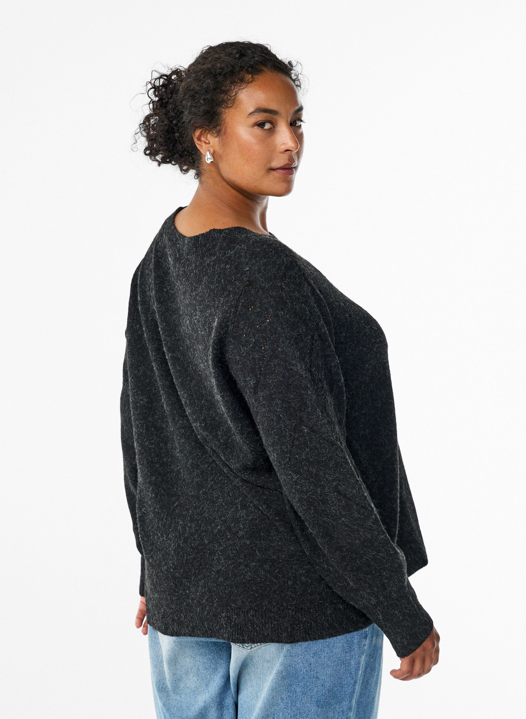 Zizzi Gebreide top met opengewerkt patroon en ballonnen mouwen, Grijs, Model image number 2