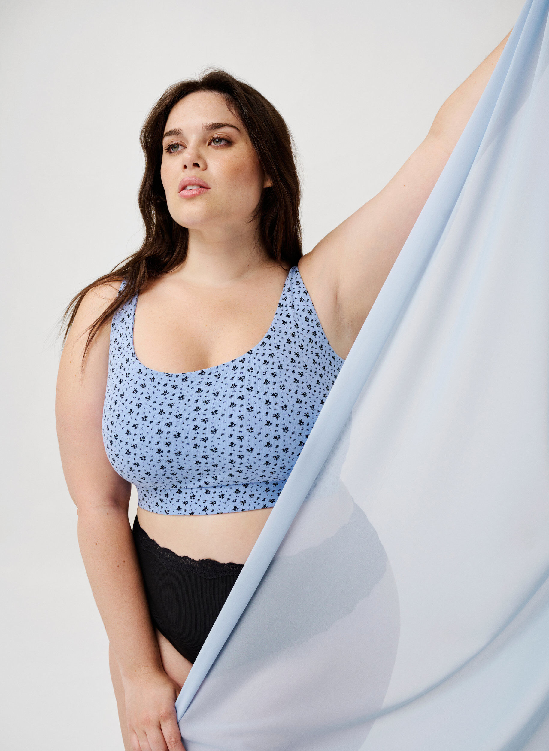 Zizzi 2-pack beha-top van katoen met verstelbare bandjes, Serenity AOP/Black, Image image number 0