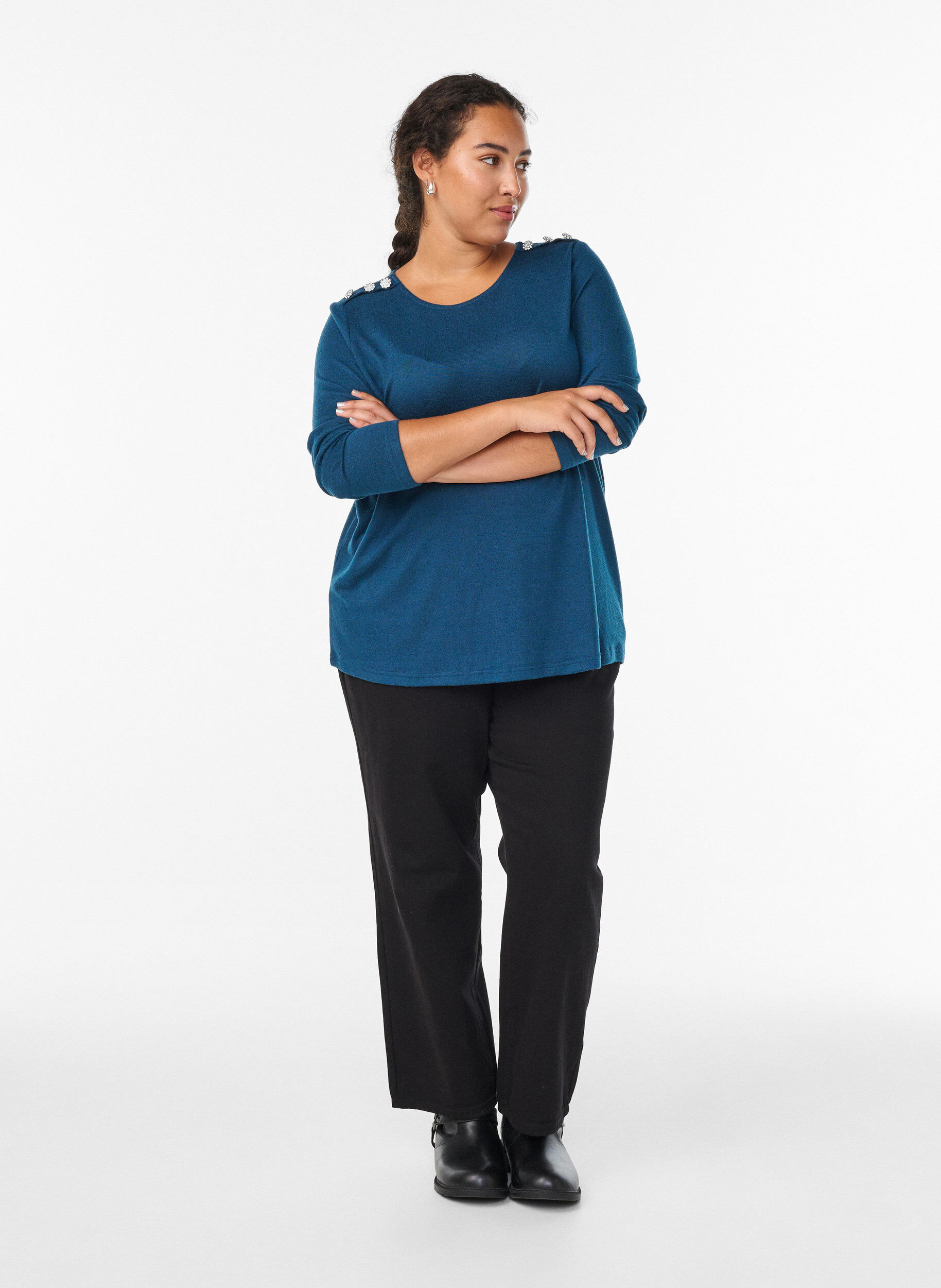 Zizzi Blouse met decoratieve knopen, Blauw, Model image number 1