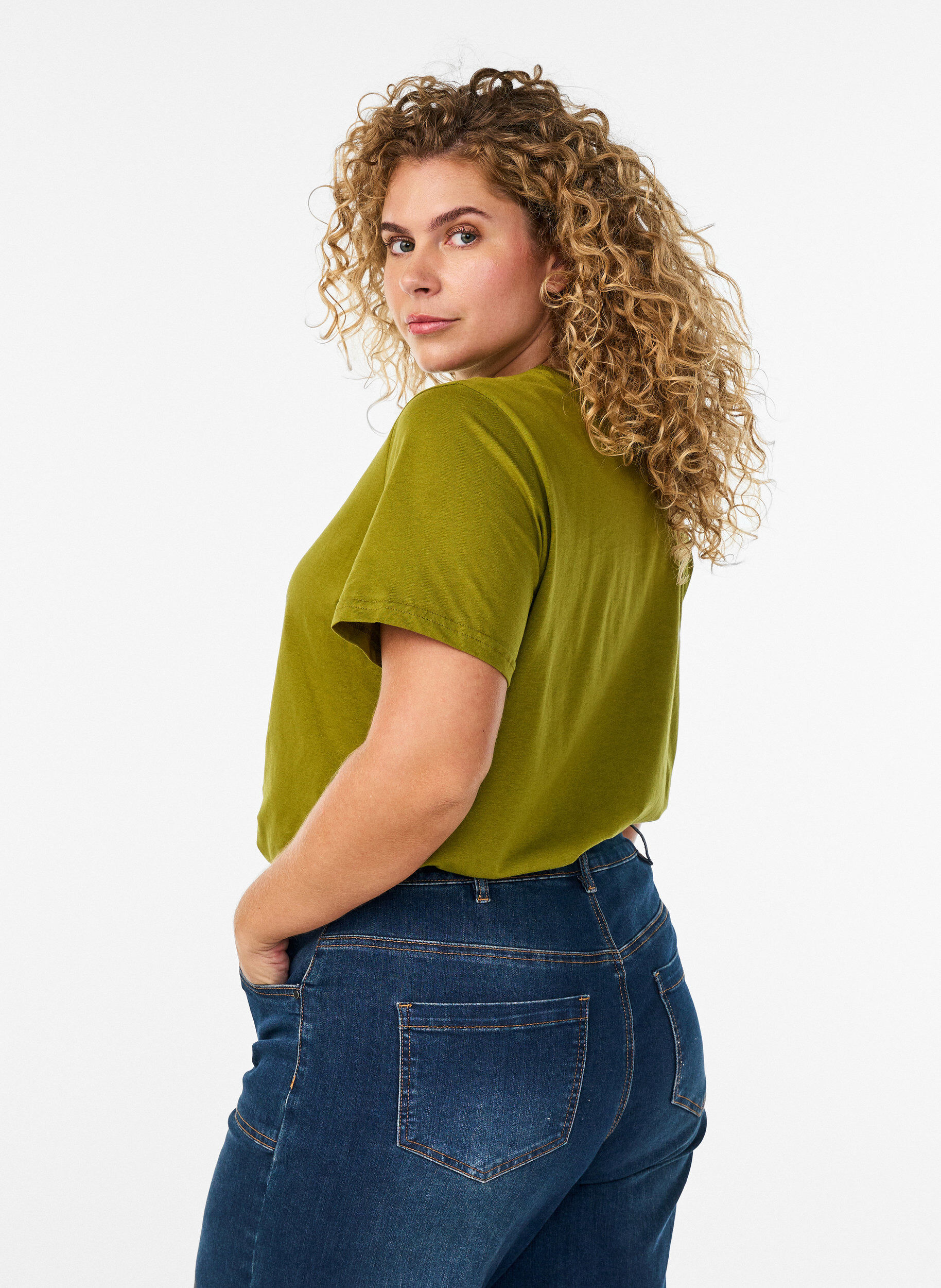Zizzi Basic katoenen T-shirt met ronde hals, Groen, Model image number 2