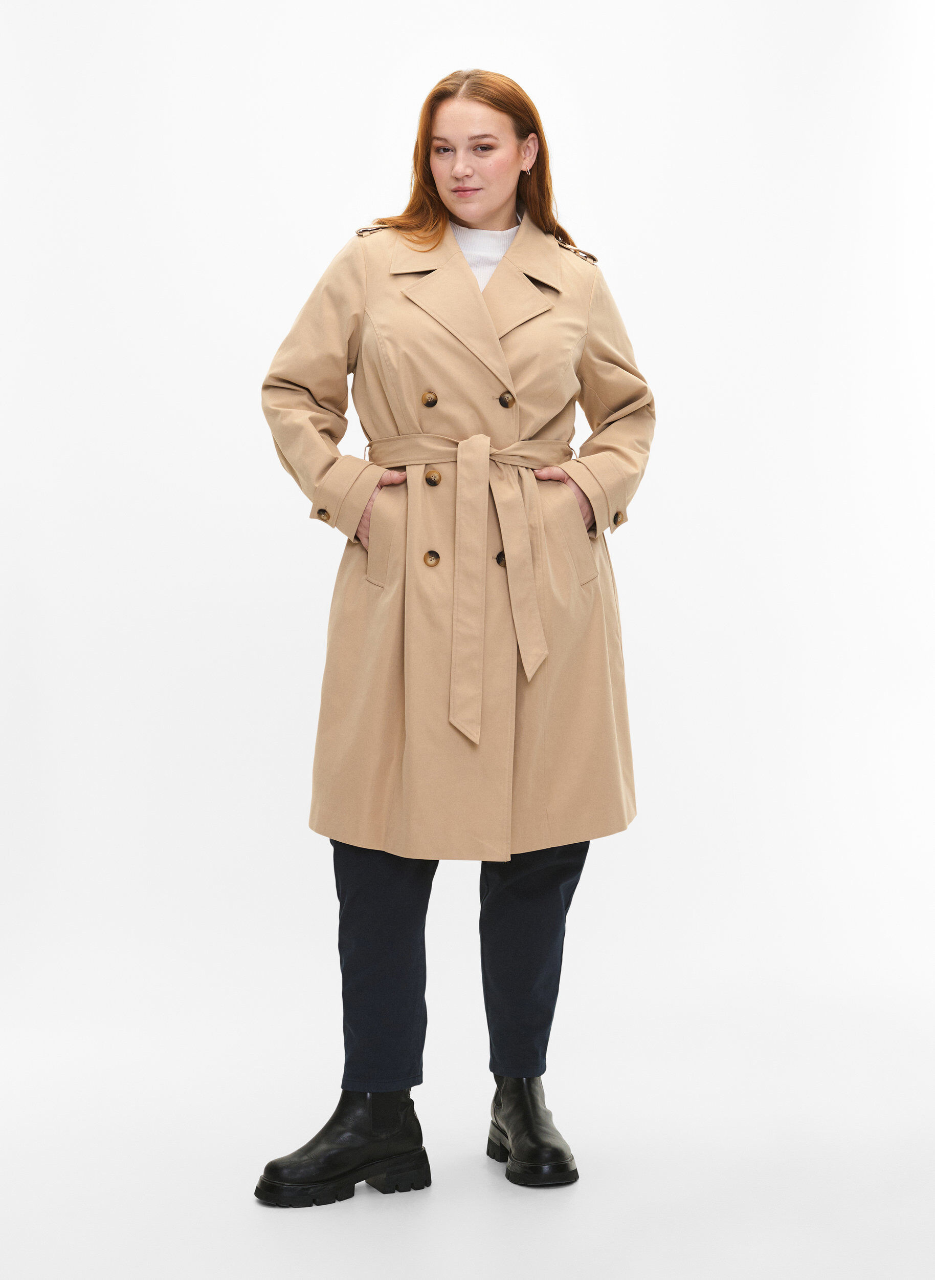 Zizzi Trenchcoat met zakken en riem, Nomad, Model image number 3