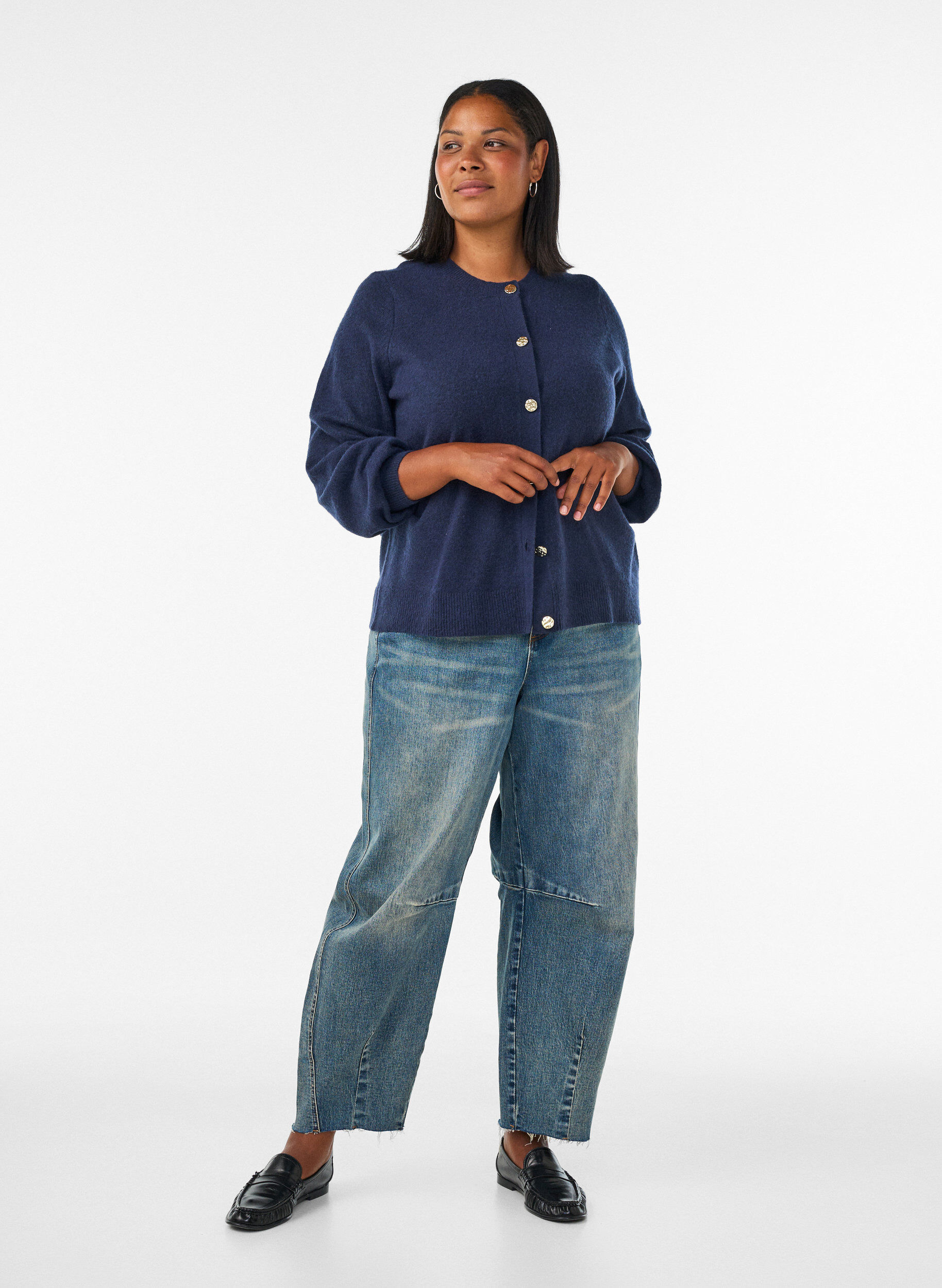 ZizziVest in zacht breisel met goudkleurige knopen, Blauw, Model image number 1