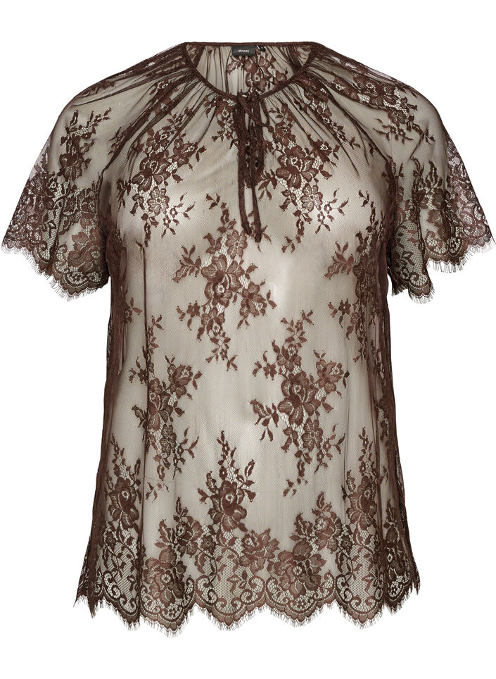 Korte mouwen kanten blouse met striksluiting, Bruin, Packshot image number 0