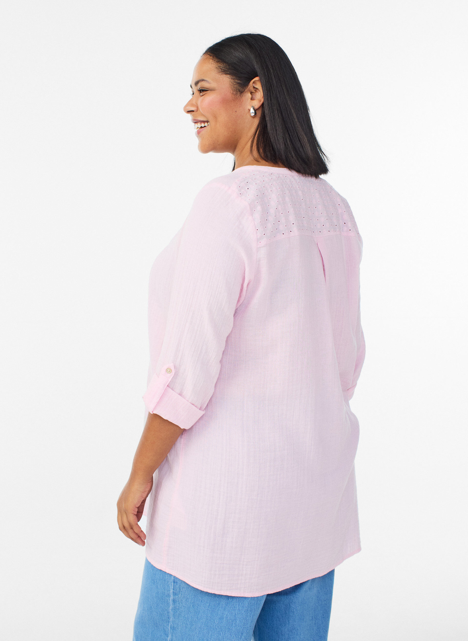 ZizziKatoenen mousseline tuniek met broderie anglaise, Roze, Model image number 2