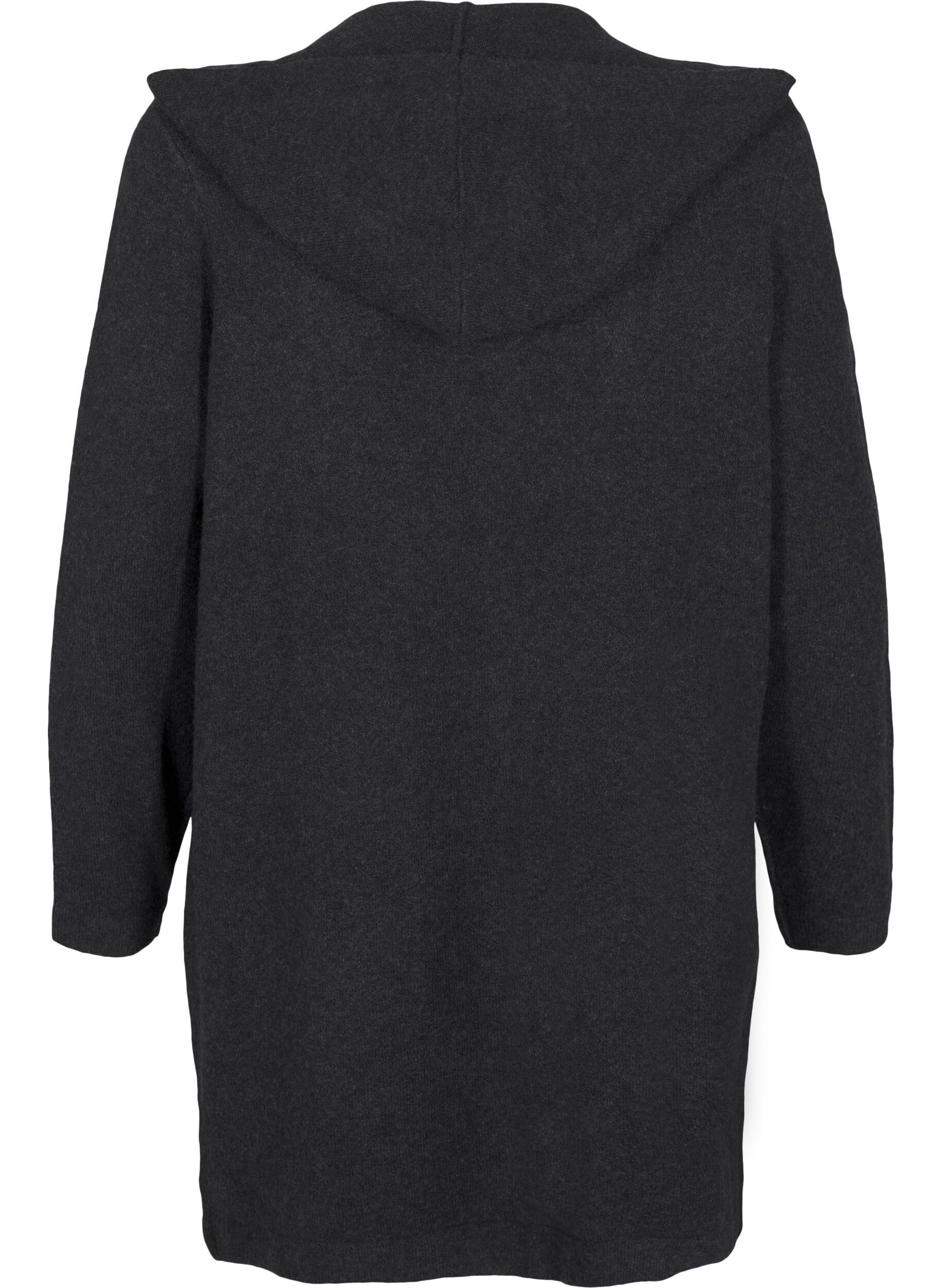 Zizzi Lang gebreid vest met wol en capuchon, Dark Grey Melange, Packshot image number 1