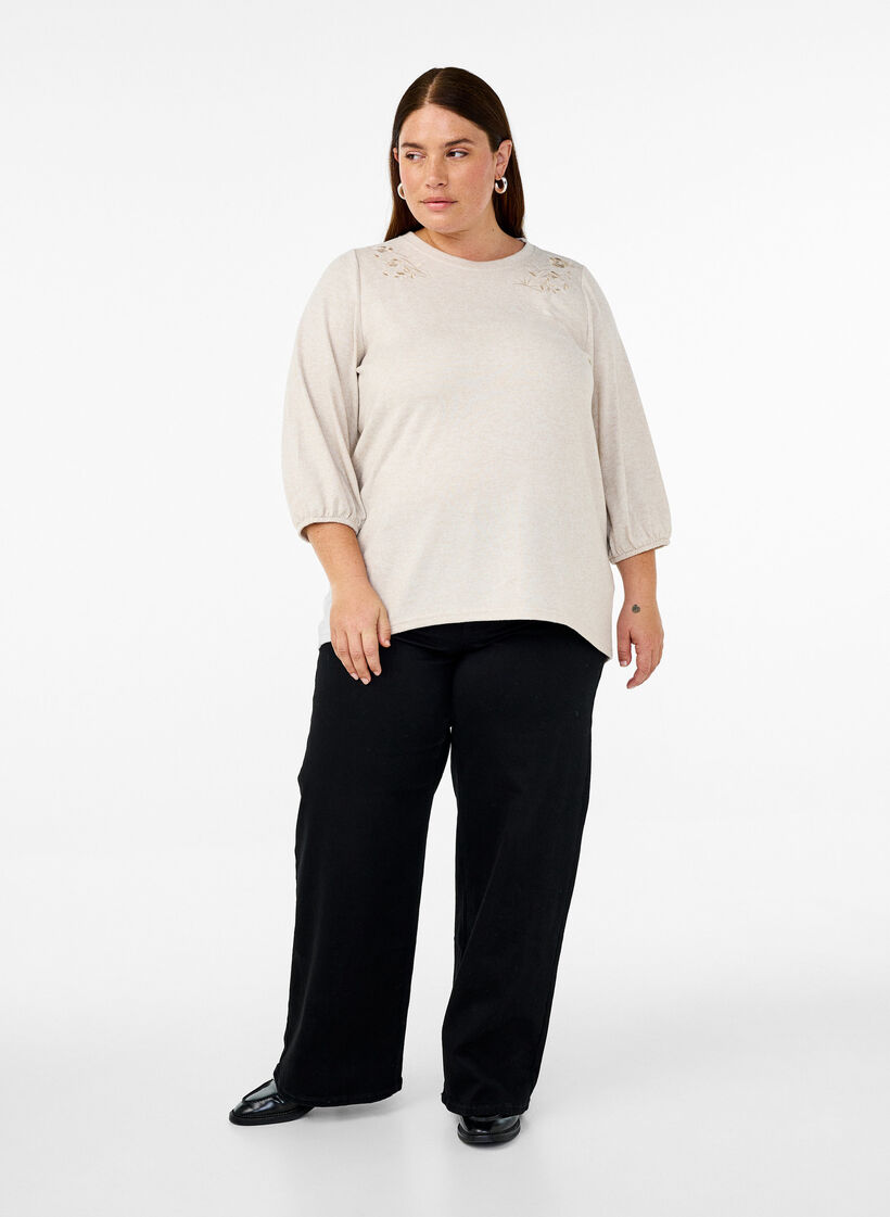 Blouse met bloemenborduursel en 3/4 mouwen, Oatmeal Melange, Model image number 2